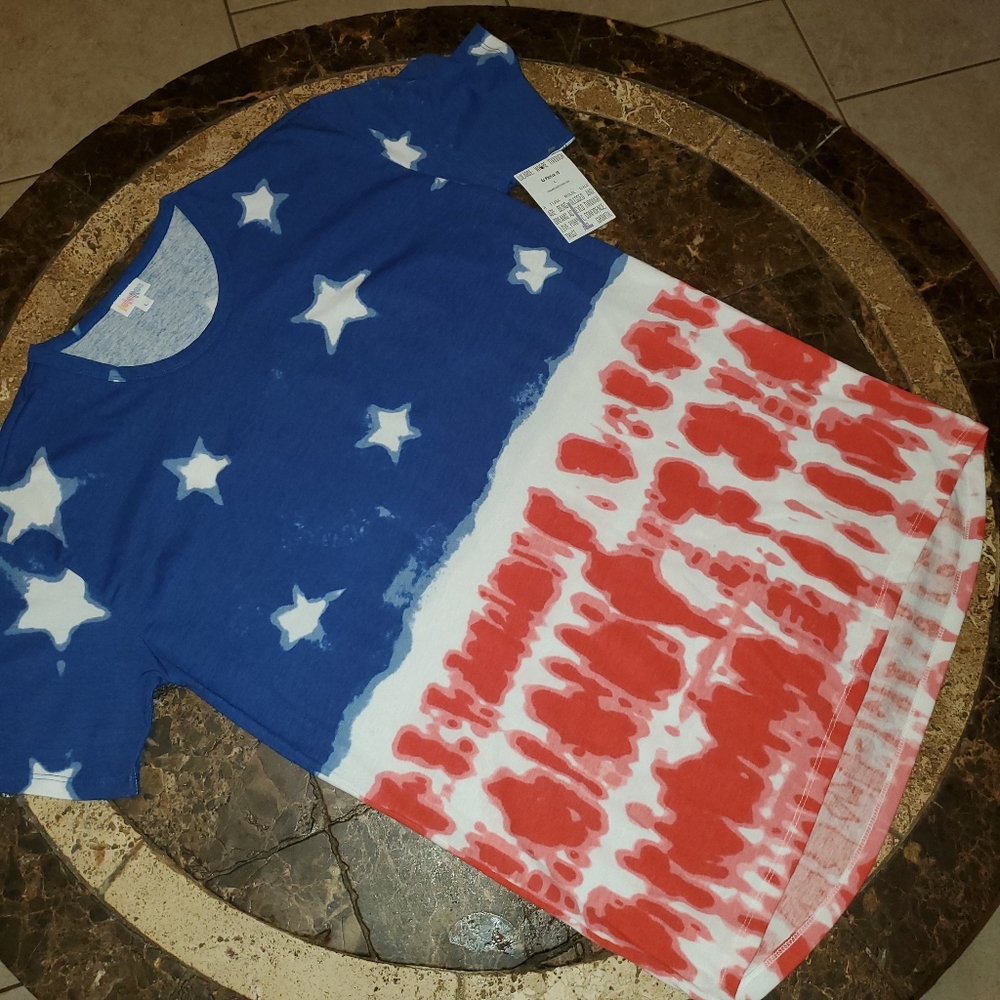 LuLaRoe Patrick T Shirt L Stars Red white blue tie dye NWT